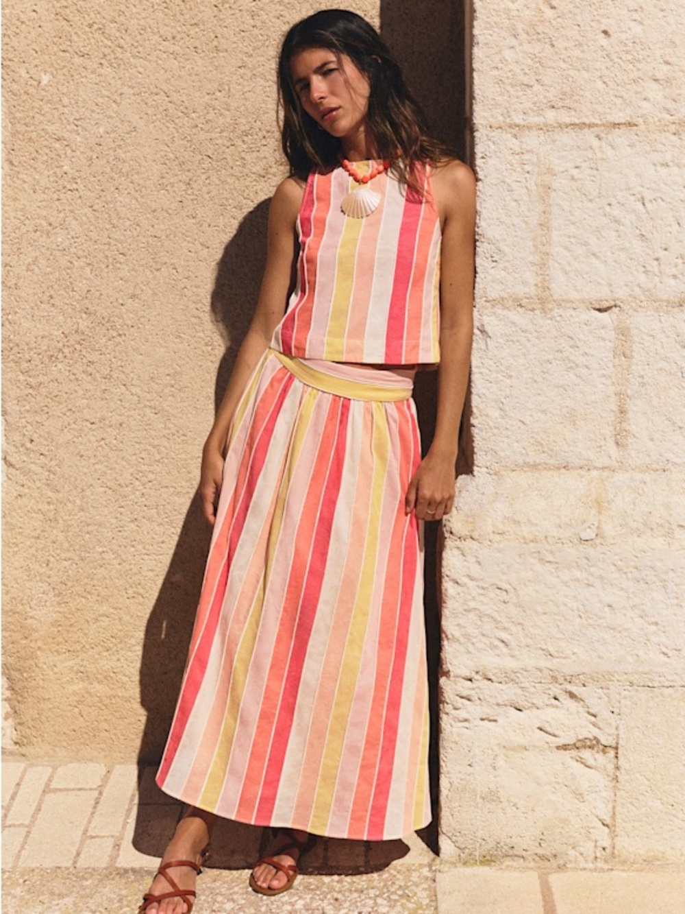 Sezane Siloe Striped Coral Skirt